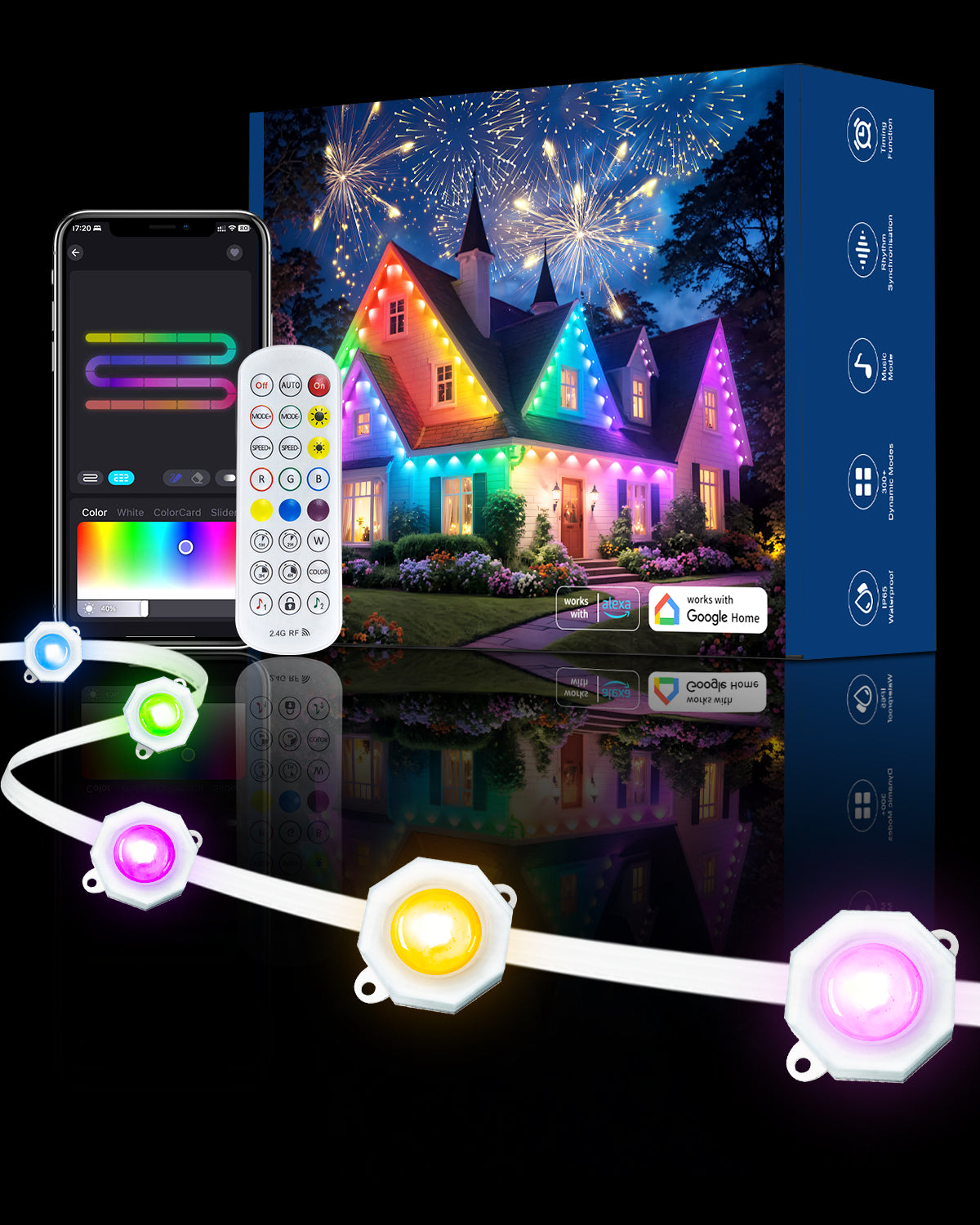 50ft Permanent Outdoor Lights for House,Smart RGB+IC LED Christmas Lights Outside with 16 Million DIY Colors,IP65 Waterproof, Works with Alexa,Google Assistant,for Halloween Holiday Daily Decorations