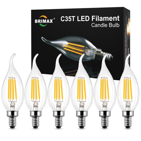 BRIMAX 120V 230V Clear Glass 4W C35T E12 E14 LED Bulb 2700K (6Pack)