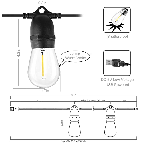 BRIMAX DC5V Clear Plastic 10W S14 USB LED String Lights 2700K Non-dimmable (1Pack)