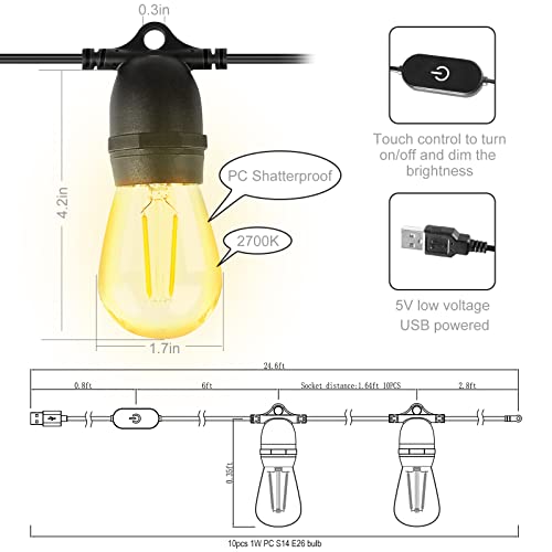 BRIMAX DC5V transparenter Kunststoff 10W S14 USB LED-Lichterkette 2700K dimmbar (1Pack)