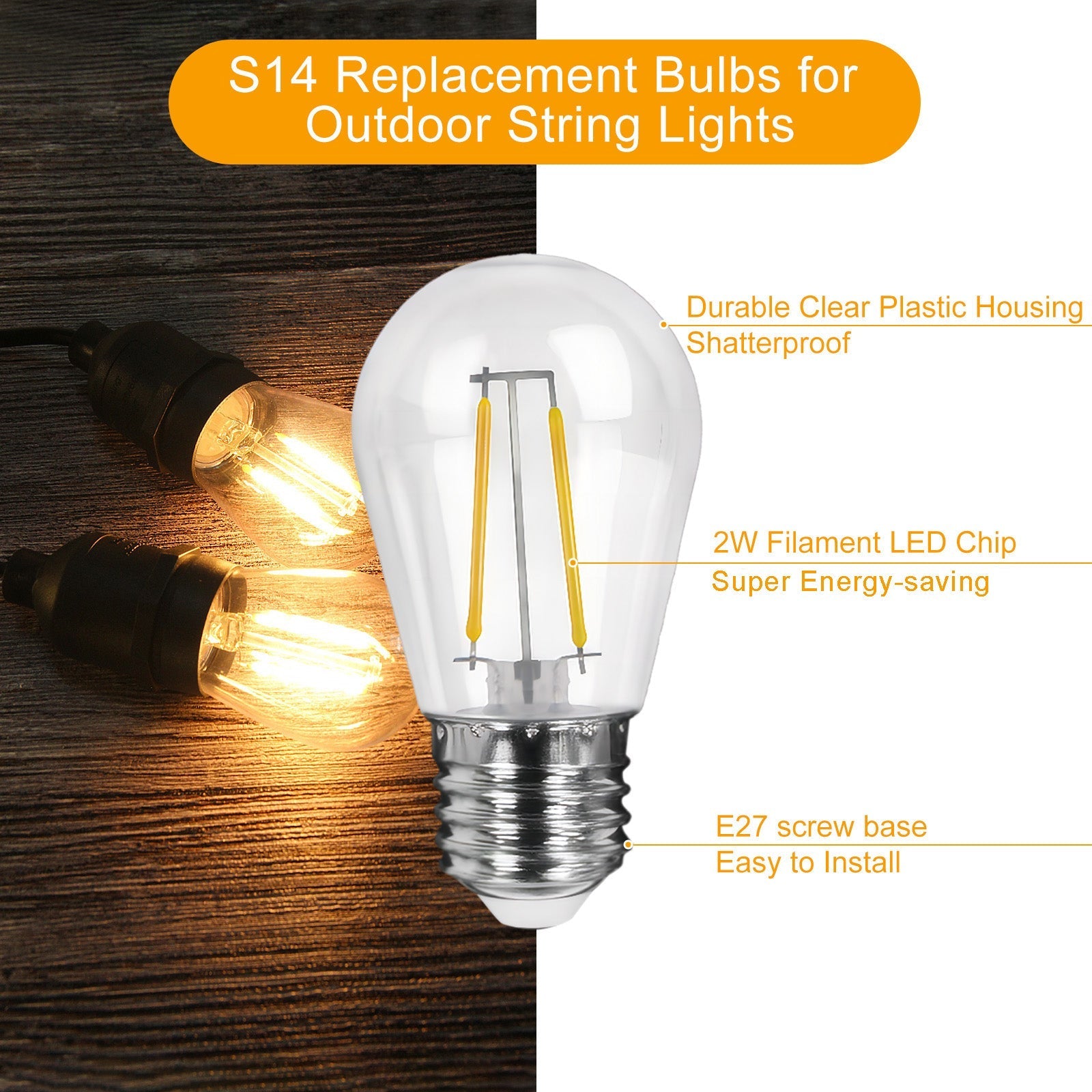 Dimmable Clear Plastic Shatterproof AC120V AC230V 2W S14 E26 E27 LED Bulb 2200K 2700K (25Pack)