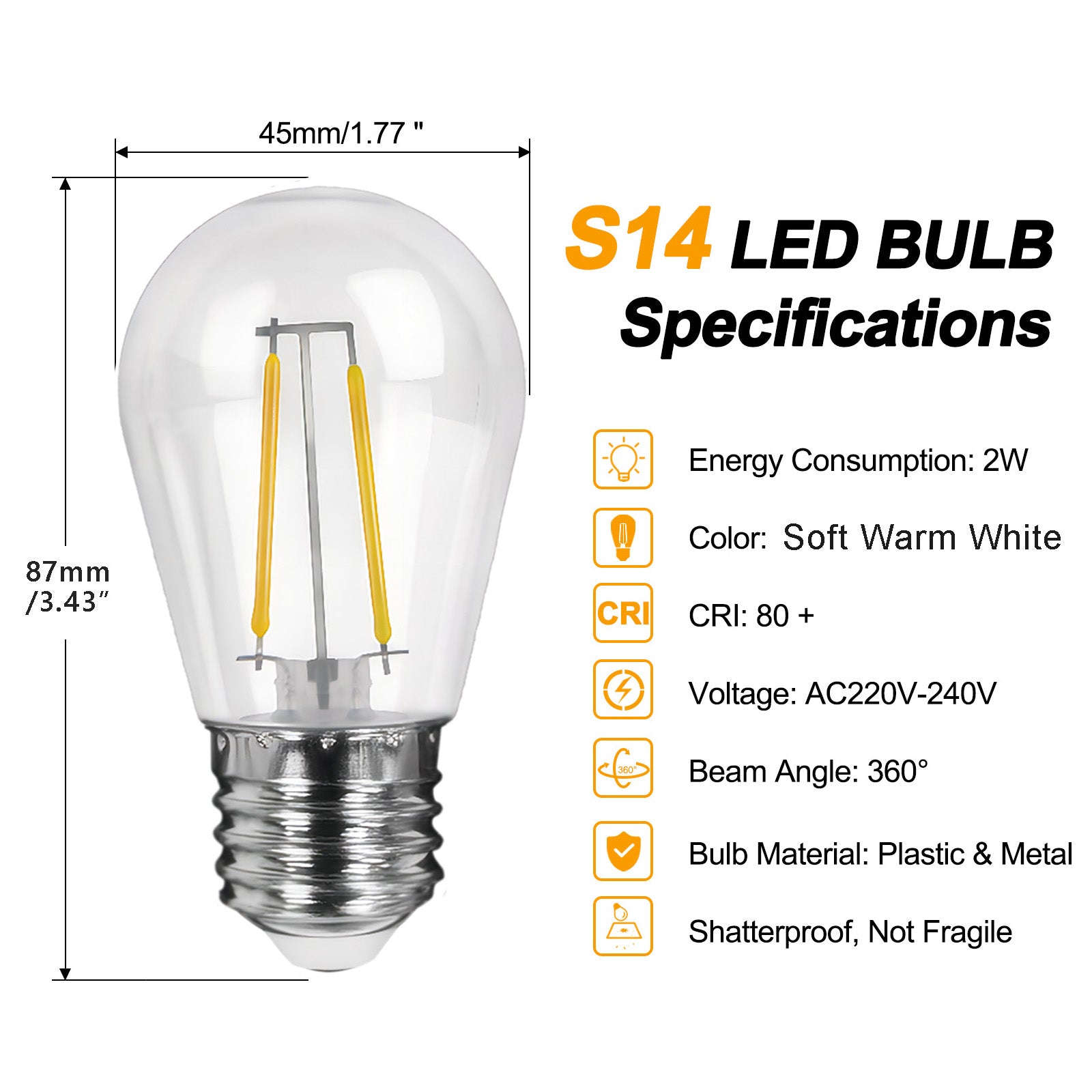 Dimmable Clear Plastic Shatterproof AC120V AC230V 2W S14 E26 E27 LED Bulb 2200K 2700K (25Pack)
