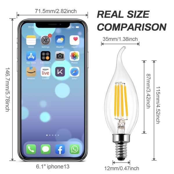 BRIMAX 120V 230V Clear Glass 4W C35T E12 E14 LED Bulb 2700K (6Pack)
