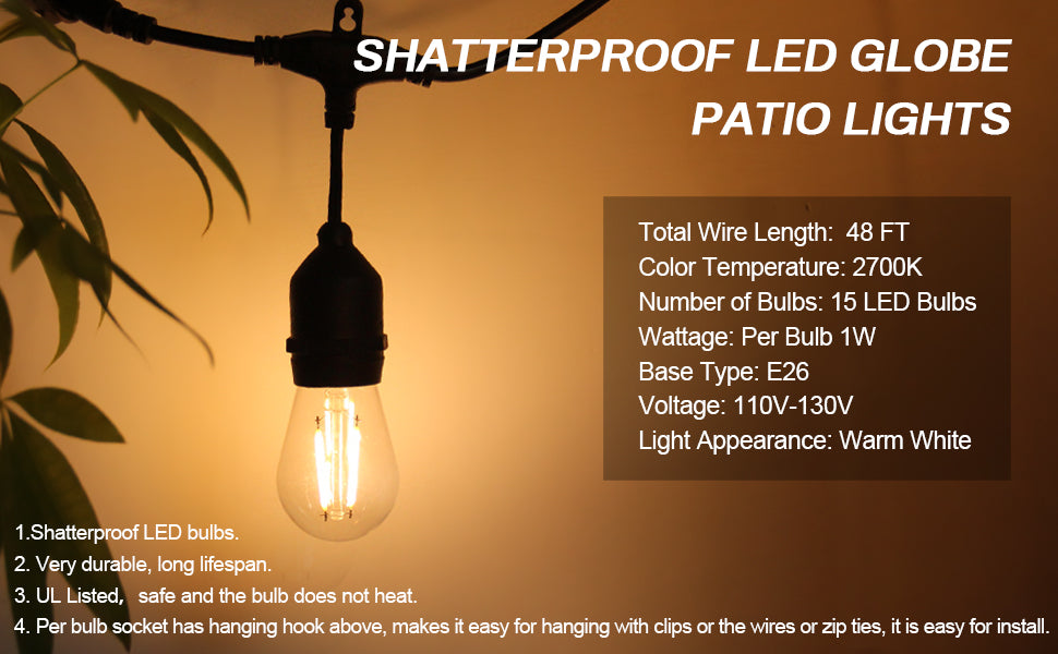 BRIMAX 120V Clear Plastic 48FT 30W S14 LED String Lights 2700K (1Pack)
