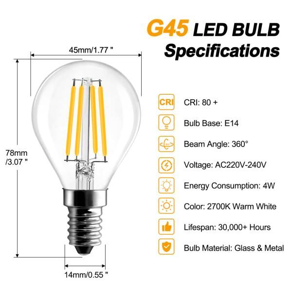 BRIMAX AC120V AC230V Clear Glass 4W G45 E12 E14 LED Bulb 2700K (4Pack)