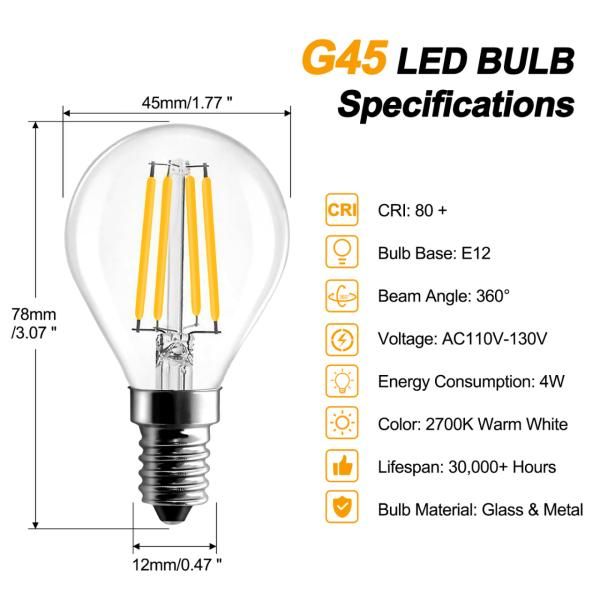 BRIMAX AC120V AC230V Clear Glass 4W G45 E12 E14 LED Bulb 2700K (4Pack)