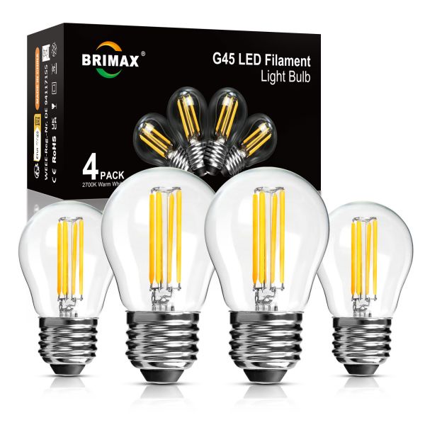BRIMAX 120V 230V Clear Glass 4W G45 Dimmable E26 E27 LED Bulb 2700K (4Pack)
