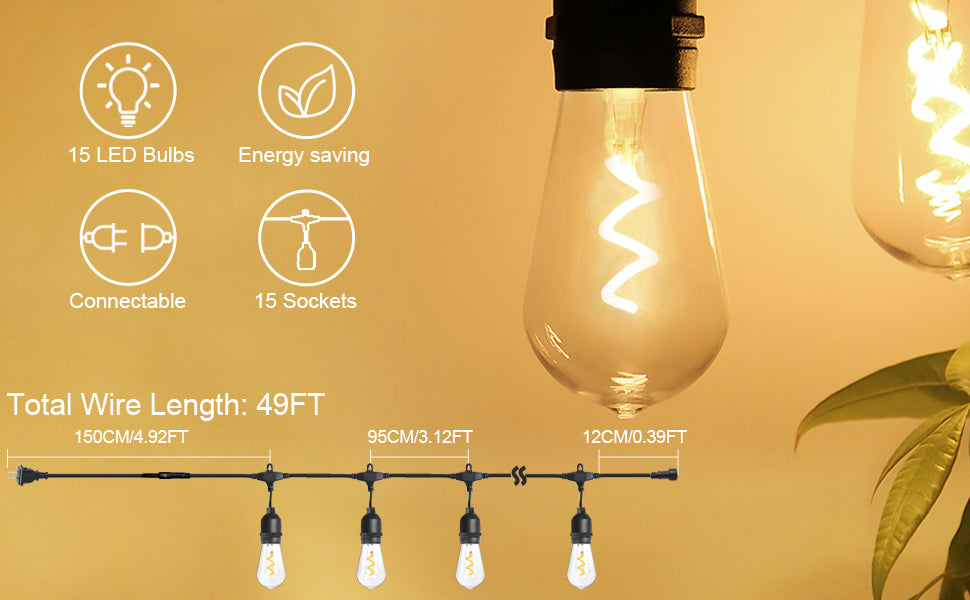BRIMAX AC230V UK Plug Clear Plastic Shatterproof 48FT 15Bulbs 15W ST48 Linkable LED String Lights 2700K (1Pack)