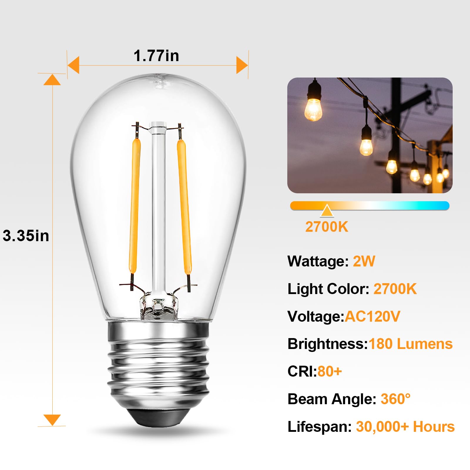 Brimax 120V 2700K E26 2W Shatterproof S14 Replacement Bulbs for Outdoor String Lights and Sputnik Chandelier