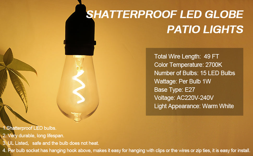 BRIMAX AC230V UK Plug Clear Plastic Shatterproof 48FT 15Bulbs 15W ST48 Linkable LED String Lights 2700K (1Pack)