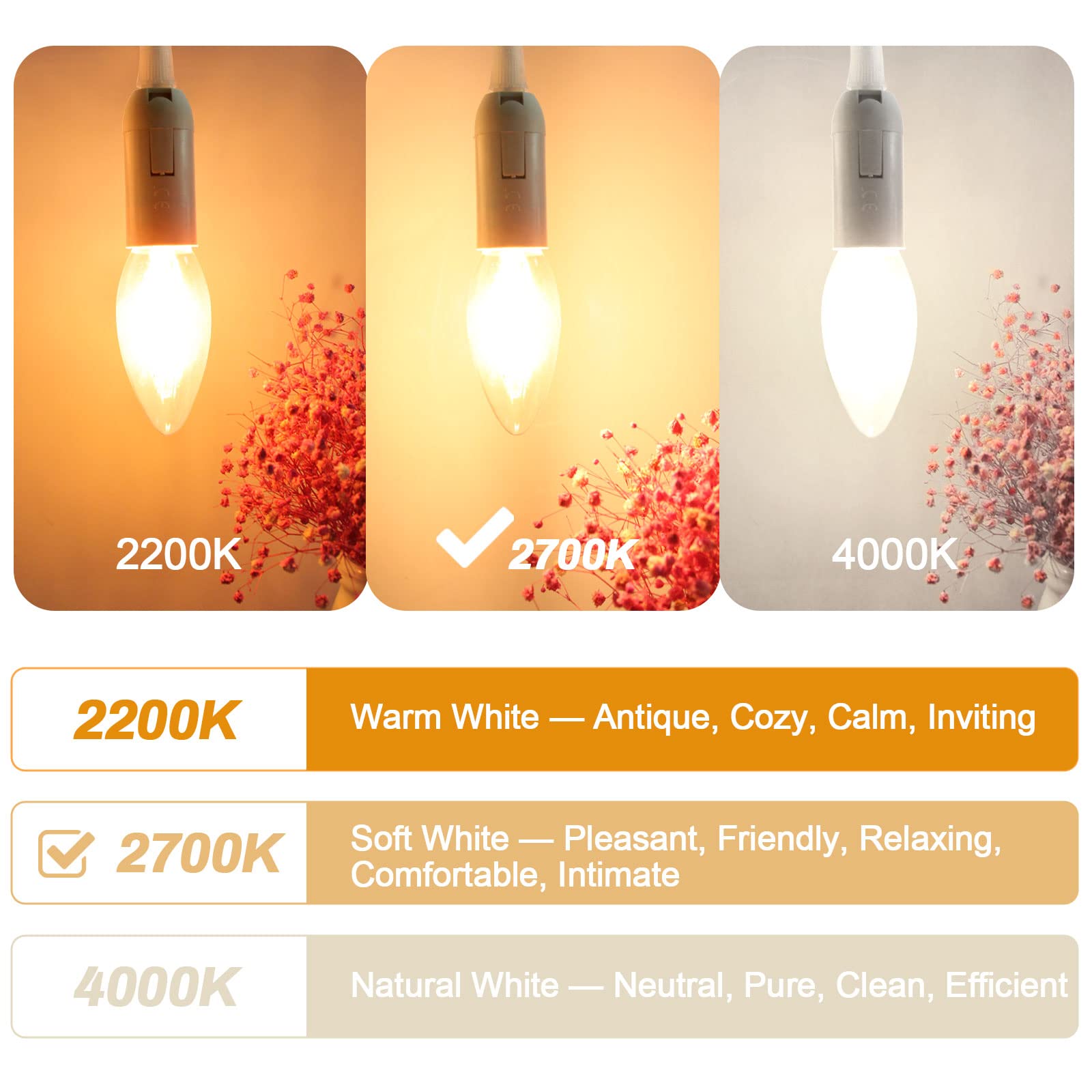 BRIMAX 4W E12 Candelabra LED Bulbs Dimmable 40W Equivalent 2700K Warm Light C35 B11 Filament Design for Chandeliers, Fans & Wall Fixtures