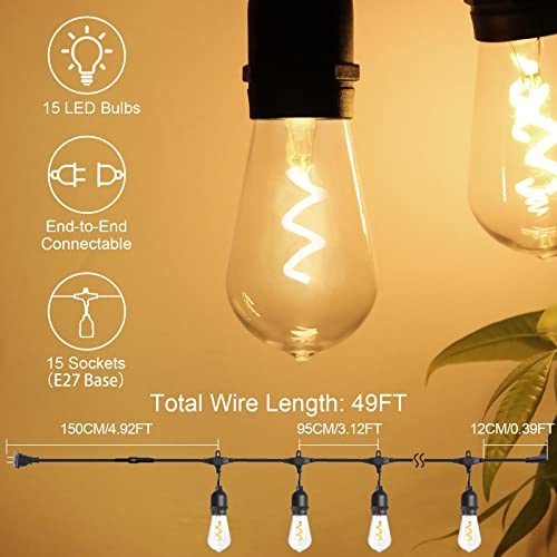 BRIMAX AC230V UK Plug Clear Plastic Shatterproof 48FT 15Bulbs 15W ST48 Linkable LED String Lights 2700K (1Pack)