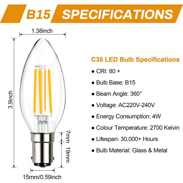 BRIMAX 230V Clear Glass 4W B15 C35 LED Bulb 2700K (5Pack)