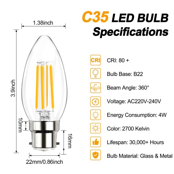 BRIMAX 230V Clear Glass 4W C35 Dimmable B22 LED Bulb 2700K (5Pack)