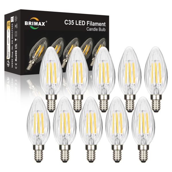 BRIMAX 120V 230V Clear Wrinkle Glass 4W C35 E12 E14 LED Bulb 2700K (10Pack)