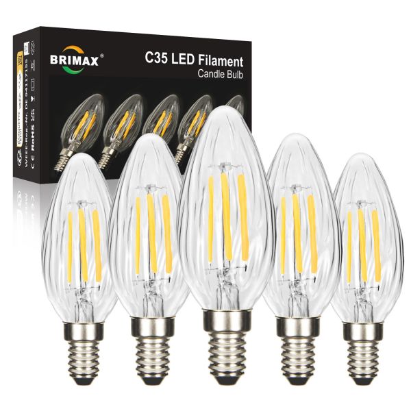 BRIMAX LED-Glühbirne, 120 V, klares Faltenglas, 4 W, C35, E12, 2700 K, 5 Stück