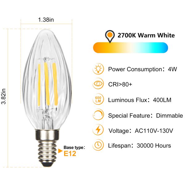 BRIMAX 120V 230V Clear Wrinkle Glass 4W C35 E12 E14 LED Bulb 2700K (10Pack)