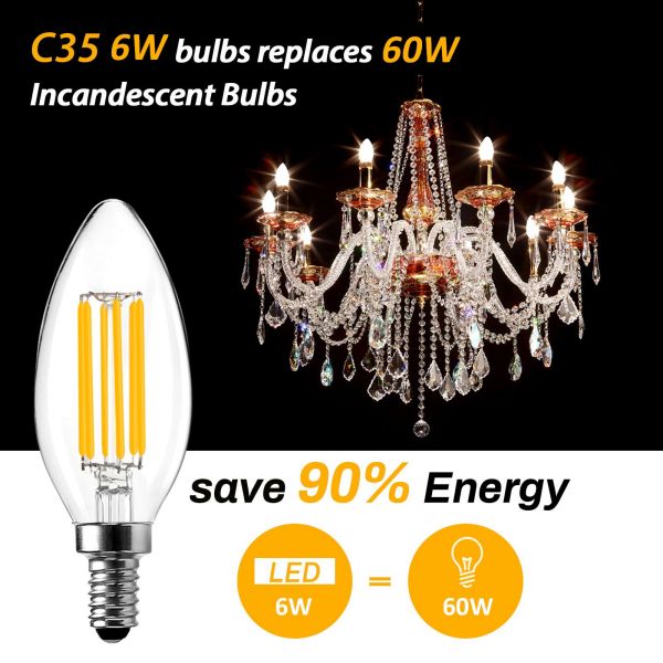 BRIMAX 120V 230V Clear Glass 6W C35 Dimmable E12 E14 LED Bulb 2700K (5Pack)