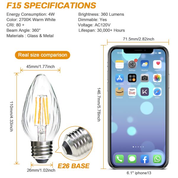 BRIMAX 120V Clear Wrinkle Glass 4W C45 F15 E26 LED Bulb 2700K (4Pack)