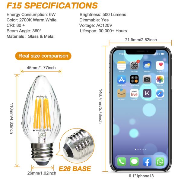 BRIMAX 120V Clear Wrinkle Glass 6W C45 F15 E26 LED Bulb 2700K (4Pack)