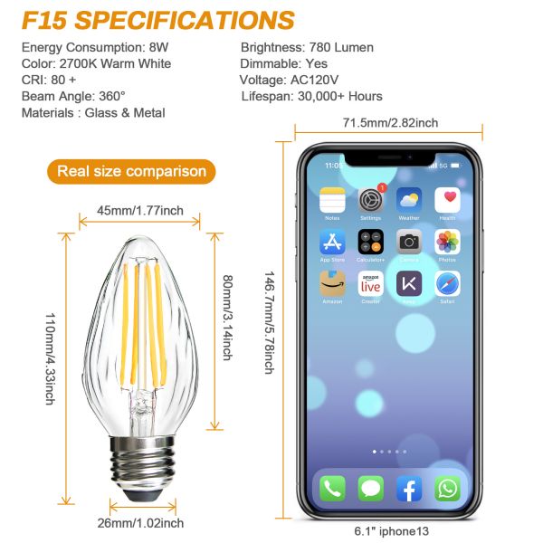 BRIMAX 120V 230V Clear Glass 8W C45 F15 Dimmable E26 E27 LED Bulb 2700K (4Pack)