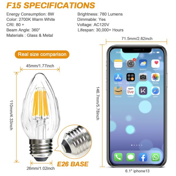 BRIMAX 120V 230V Clear Glass 8W C45 F15 Dimmable E26 E27 LED Bulb 2700K (4Pack)