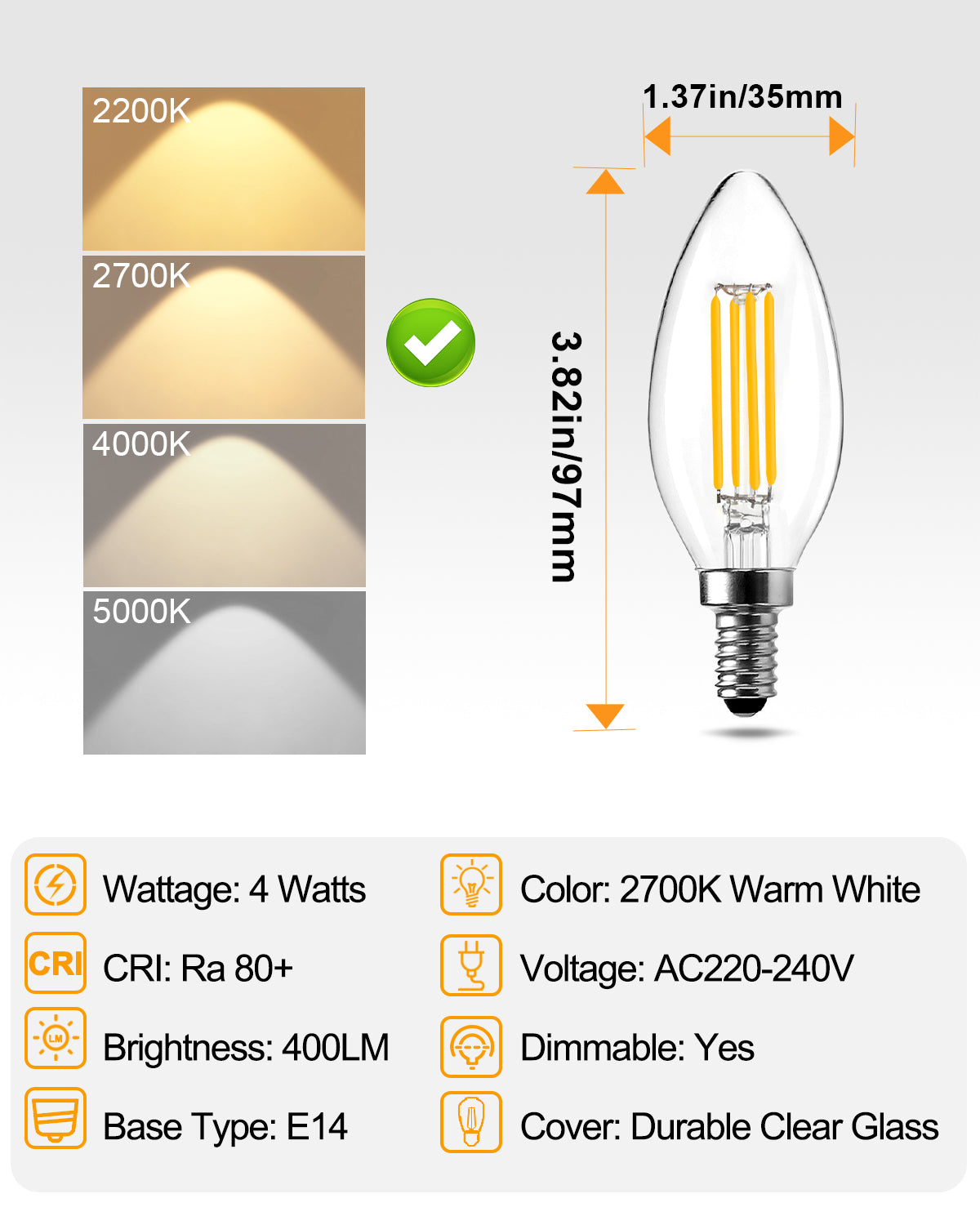 Brimax E14 C35 2700K 4W 6W 40W Equivalent Energy Saving Dimmable Candle Bulbs