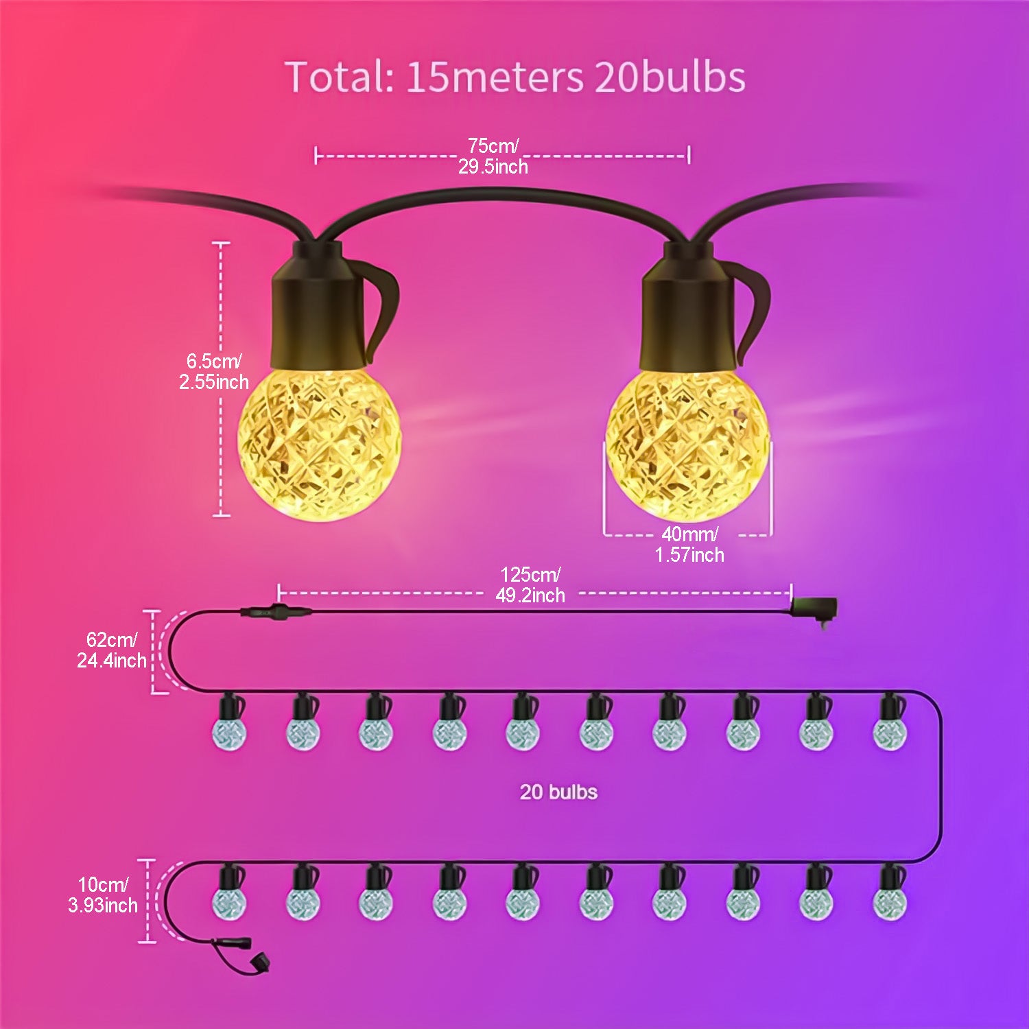 15m 20bulb G40 Crystal Plastic LED String Lights AC100-240V EU/UK/US Adapter