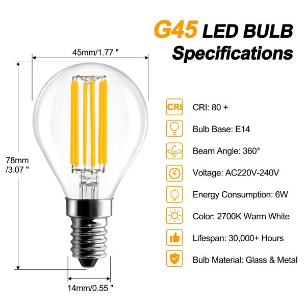 BRIMAX 120V Vidrio Transparente 6W G45 E12 Bombilla LED 2700K (Pack de 6)