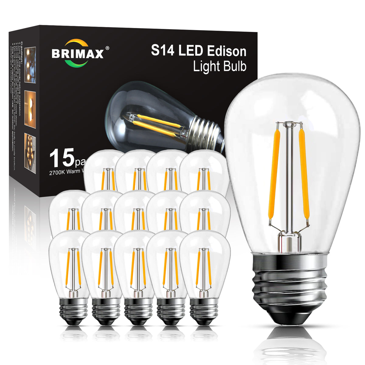 BRIMAX Clear Glass AC120V AC230V 2W S14 E26 E27 LED Bulb 2200K 2700K (15Pack)