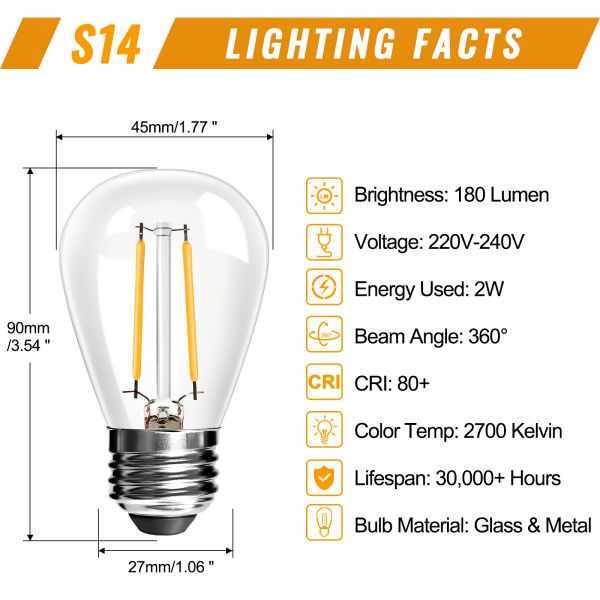 BRIMAX Clear Glass AC120V AC230V 2W S14 E26 E27 LED Bulb 2200K 2700K (25Pack)