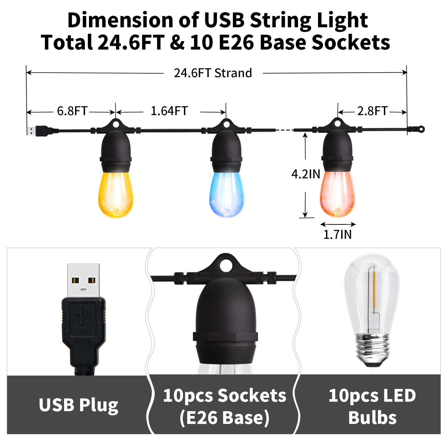 BRIMAX DC5V Clear Plastic 10W Colorful Festoon S14 USB LED String Lights Non-dimmable (1Pack)