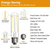 BRIMAX 120V 230V Clear Glass 4W T30 T10 E26 E27 LED Bulb 2700K (4Pack)