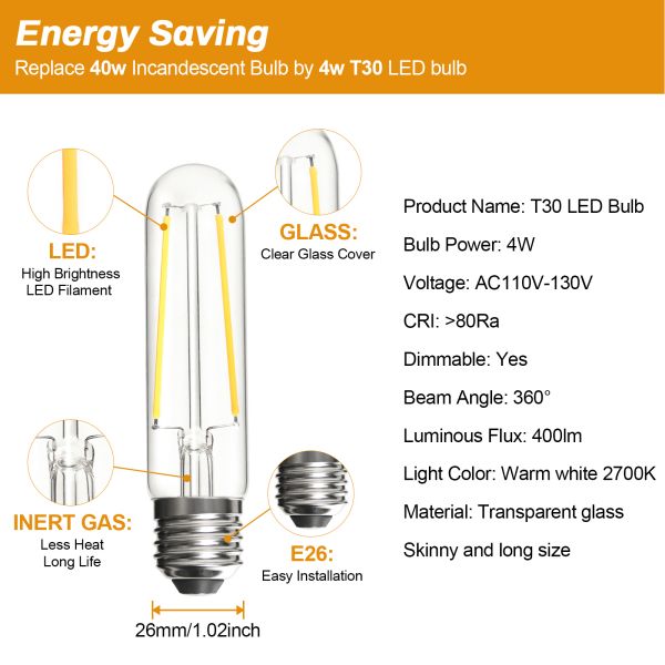 BRIMAX 120V 230V Clear Glass 4W T30 T10 E26 E27 LED Bulb 2700K (4Pack)