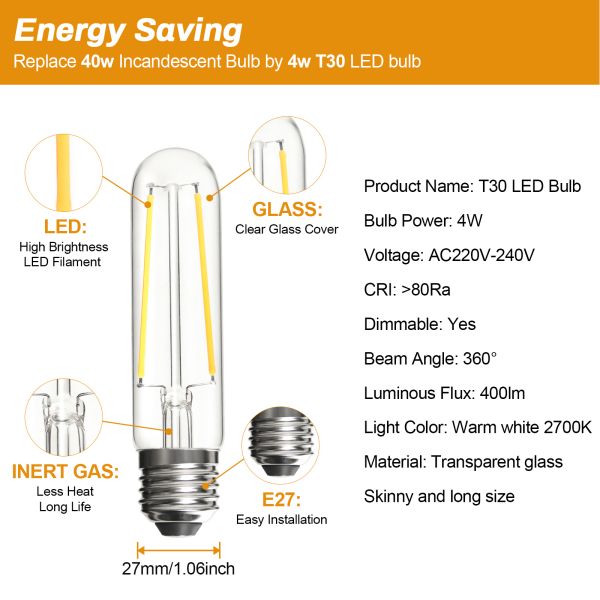 BRIMAX 120V 230V Clear Glass 4W T30 T10 E26 E27 LED Bulb 2700K (4Pack)