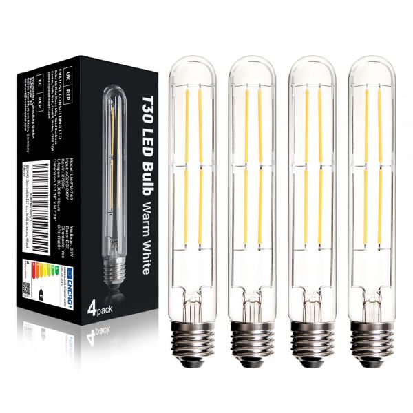 4Pack 2700K Dimmable T10 T30 LED Bulbs 6 Watt E26 8 in 700LM Warm White 4Pack 2700K Dimmable T10 T30 LED Bulbs 6 Watt E26 8 in 700LM Warm White