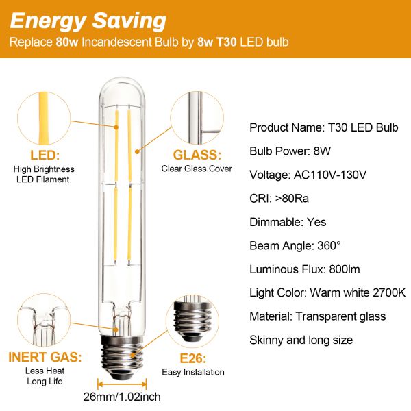 BRIMAX 120V 230V Clear Glass 8W T30 T10 E26 E27 LED Bulb 2700K (4Pack)