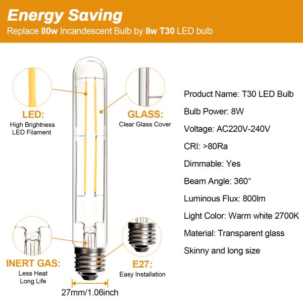 BRIMAX 120V 230V Clear Glass 8W T30 T10 E26 E27 LED Bulb 2700K (4Pack)