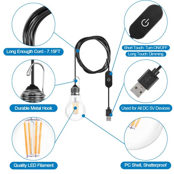 BRIMAX DC5V Klarer Kunststoff 3W A60 USB-LED-Glühbirne 2700K (2er-Pack)