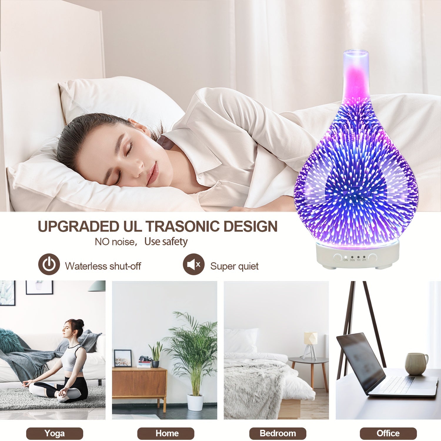 200ml DC5V 7 Colors 3D Fireworks Essential Oil Diffuser, Aromatherapy Ultrasonic Humidifier
