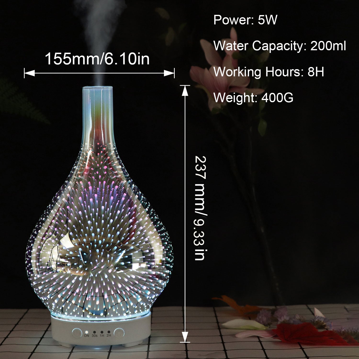 200ml DC5V 7 Colors 3D Fireworks Essential Oil Diffuser, Aromatherapy Ultrasonic Humidifier