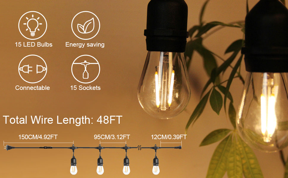 BRIMAX 120V Clear Plastic 48FT 30W S14 LED String Lights 2700K (1Pack)