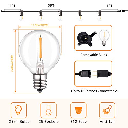 BRIMAX 230V Plug Glass Warm White 25FT 50FT G40 LED String Lights for Garden