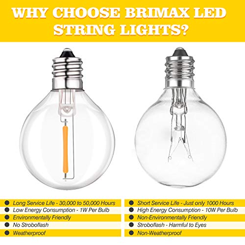 BRIMAX 230V Plug Glass Warm White 25FT 50FT G40 LED String Lights for Garden