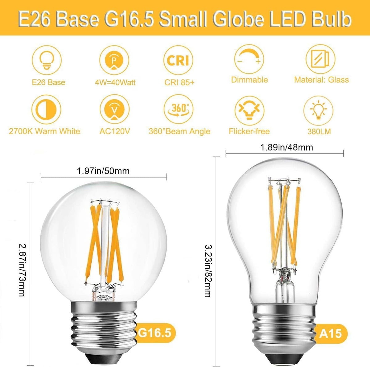 BRIMAX 10 Pack G16.5 LED Light Bulbs 40 Watt, E26 Dimmable Small Globe LED Bulbs 4 Watt Edison Bulb 2700K Warm White,AC120V,Flicker Free for Ceiling Fans Pendant Chandelier Vanity Wall Sconce