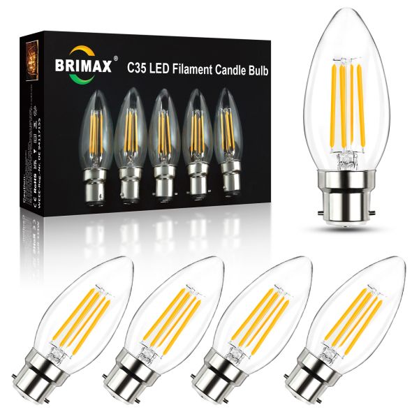 BRIMAX 230V Clear Glass 4W C35 Dimmable B22 LED Bulb 2700K (5Pack)