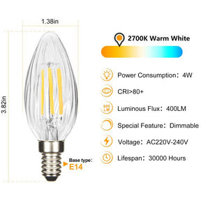 BRIMAX 120V 230V Clear Wrinkle Glass 4W C35 E12 E14 LED Bulb 2700K (10Pack)