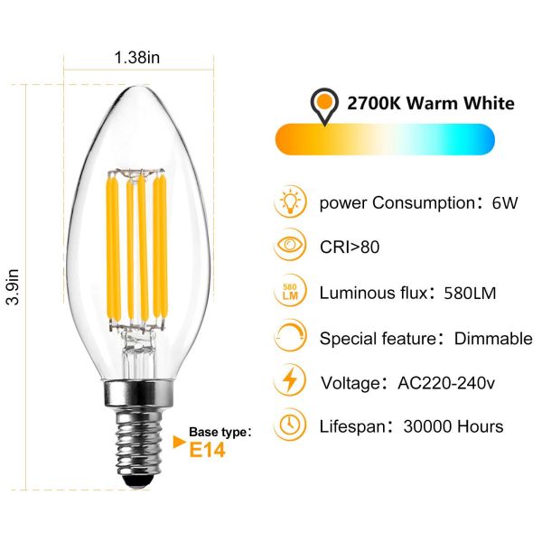 BRIMAX 120V 230V Clear Glass 6W C35 Dimmable E12 E14 LED Bulb 2700K (6Pack)