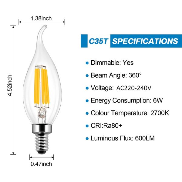 BRIMAX 120V 230V Clear Glass 6W C35T E12 14 LED Bulb 2700K (6Pack)