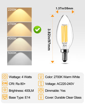 Brimax E14 C35  2700K 4W 6W 40W Equivalent Energy Saving  Dimmable  Candle Bulbs